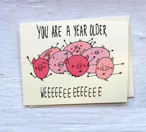 pig birthday card - cute pigs birthday card -  flying pigs birthday card - cute pigs birthdya card for a friend - piggy birthday card