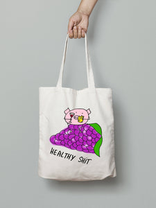 Funny cotton bag for vegetarian healthy groceries tote bag funny cotton tote bag funny pig cheese wine grapes wine cheese lover gift funny